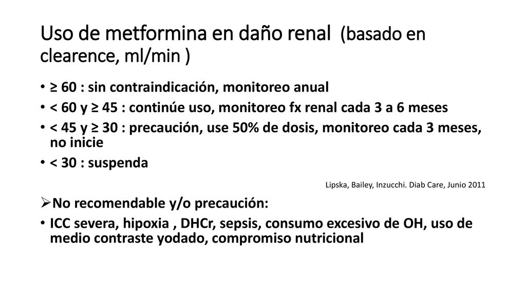 Uso de metformina en daño renal (basado en clearence, ml/min )