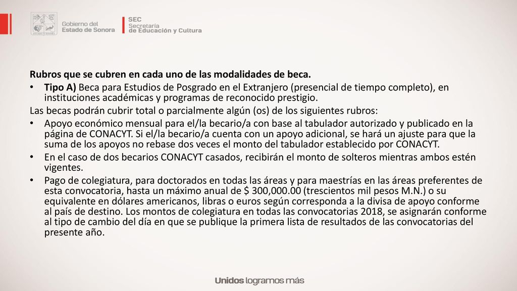 Rubros que se cubren en cada uno de las modalidades de beca.
