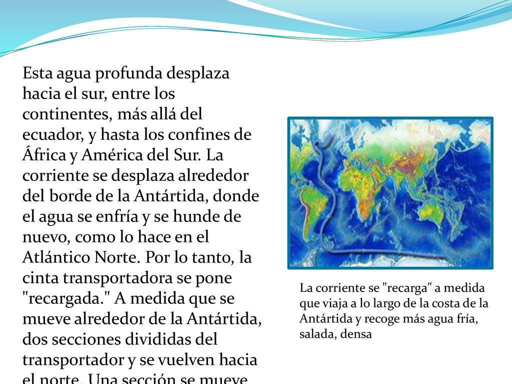 Esta agua profunda desplaza hacia el sur, entre los continentes, más allá del ecuador, y hasta los confines de África y América del Sur. La corriente se desplaza alrededor del borde de la Antártida, donde el agua se enfría y se hunde de nuevo, como lo hace en el Atlántico Norte. Por lo tanto, la cinta transportadora se pone recargada. A medida que se mueve alrededor de la Antártida, dos secciones divididas del transportador y se vuelven hacia el norte. Una sección se mueve en el Océano Índico, el otro en el Océano Pacífico.