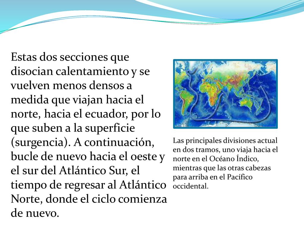 Estas dos secciones que disocian calentamiento y se vuelven menos densos a medida que viajan hacia el norte, hacia el ecuador, por lo que suben a la superficie (surgencia). A continuación, bucle de nuevo hacia el oeste y el sur del Atlántico Sur, el tiempo de regresar al Atlántico Norte, donde el ciclo comienza de nuevo.