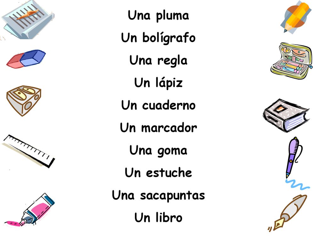 Una pluma Un bolígrafo. Una regla. Un lápiz. Un cuaderno. Un marcador. Una goma. Un estuche. Una sacapuntas.