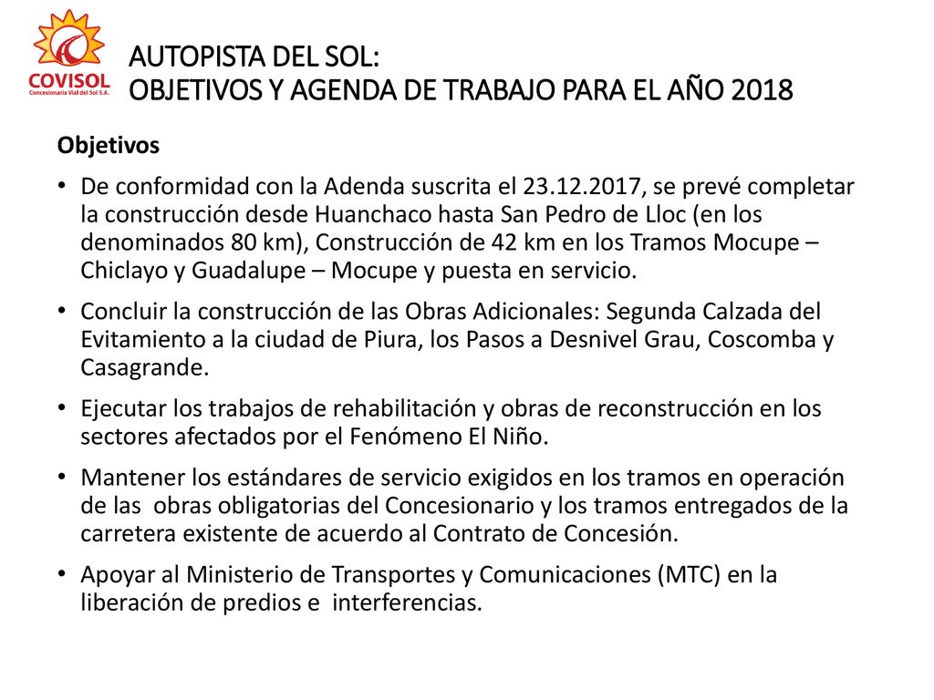 AUTOPISTA DEL SOL: OBJETIVOS Y AGENDA DE TRABAJO PARA EL AÑO 2018