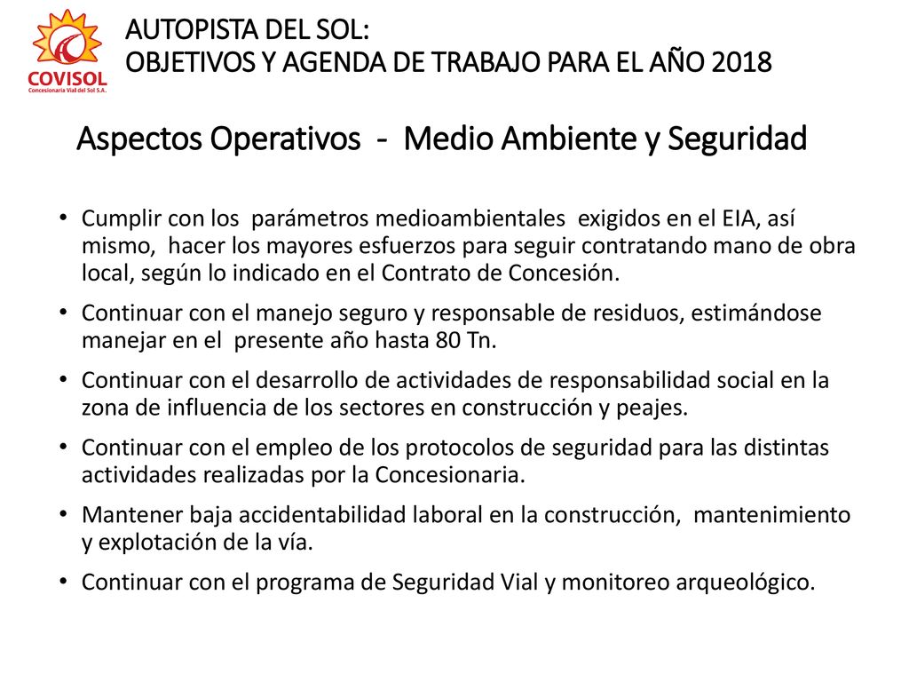 AUTOPISTA DEL SOL: OBJETIVOS Y AGENDA DE TRABAJO PARA EL AÑO 2018