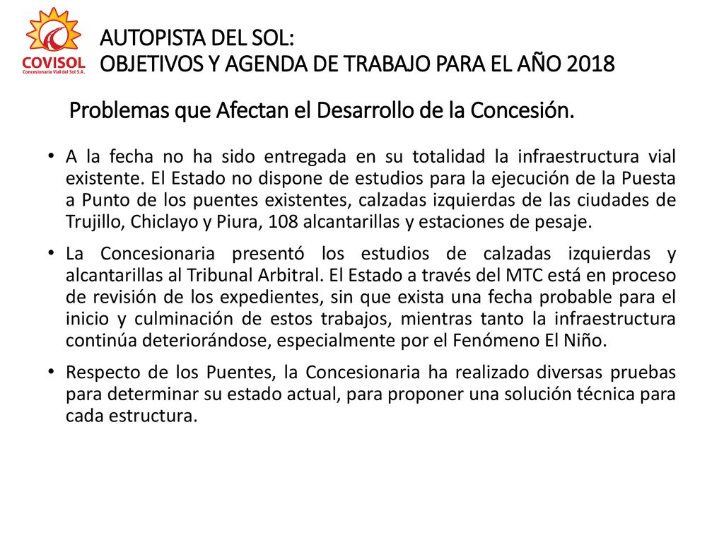 AUTOPISTA DEL SOL: OBJETIVOS Y AGENDA DE TRABAJO PARA EL AÑO 2018