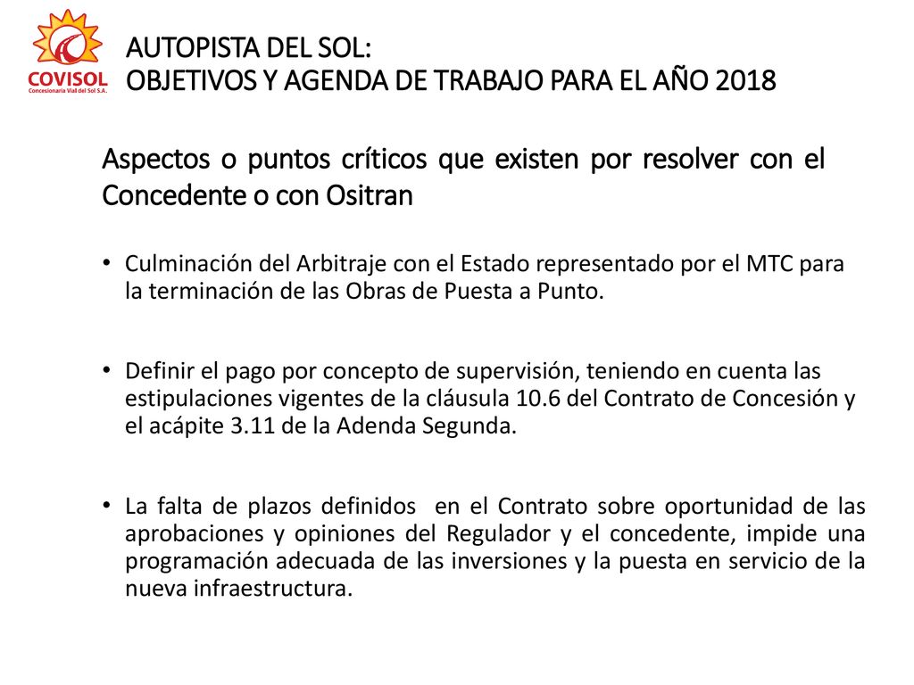 AUTOPISTA DEL SOL: OBJETIVOS Y AGENDA DE TRABAJO PARA EL AÑO 2018