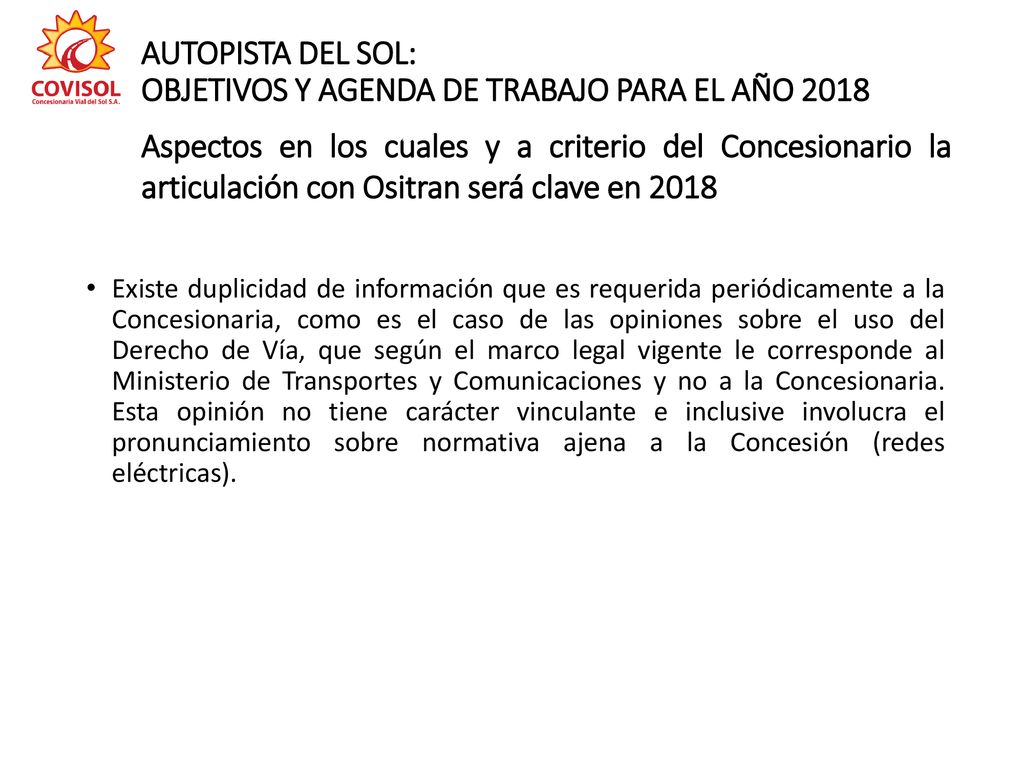 AUTOPISTA DEL SOL: OBJETIVOS Y AGENDA DE TRABAJO PARA EL AÑO 2018