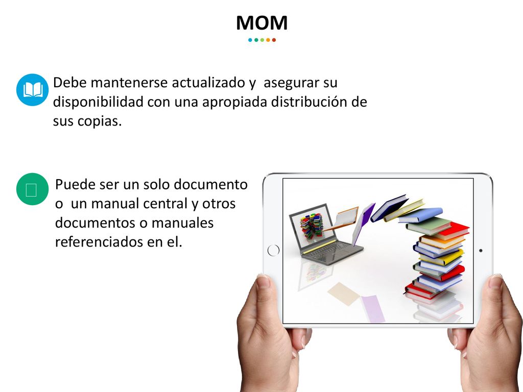 MOM Debe mantenerse actualizado y asegurar su disponibilidad con una apropiada distribución de sus copias.