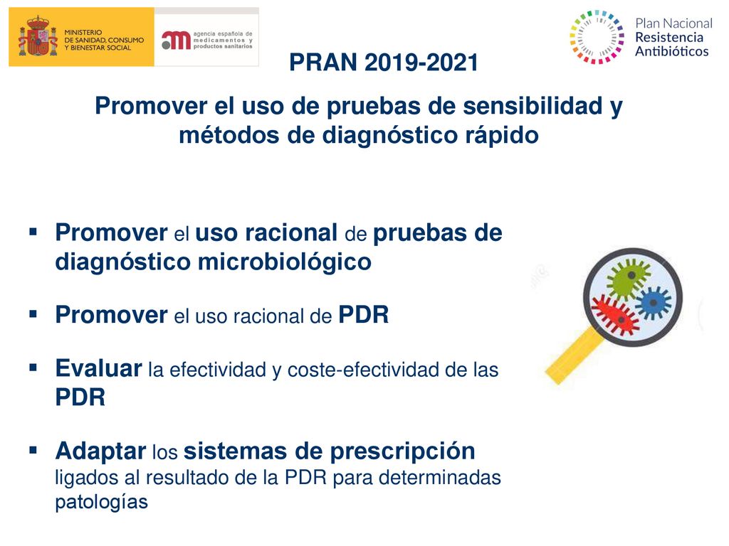 PRAN Promover el uso de pruebas de sensibilidad y métodos de diagnóstico rápido.
