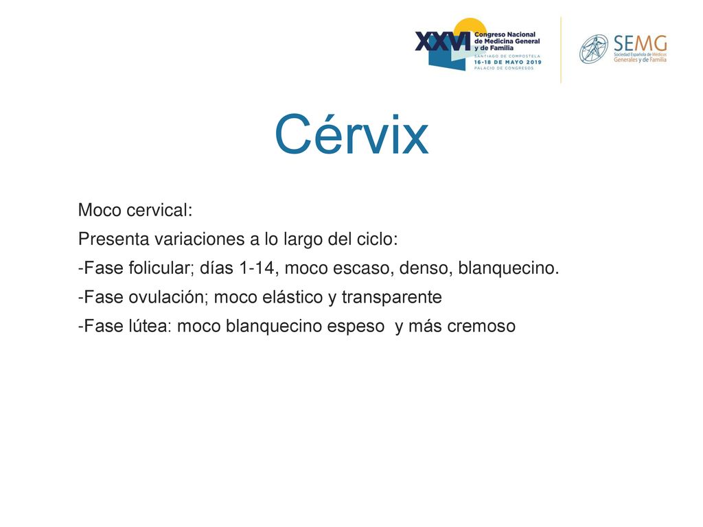 Cérvix Moco cervical: Presenta variaciones a lo largo del ciclo: