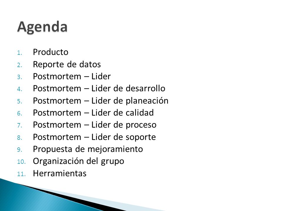 Agenda Producto Reporte de datos Postmortem – Lider