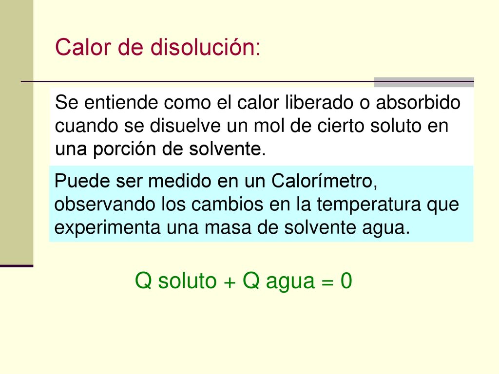 Calor de disolución: Q soluto + Q agua = 0