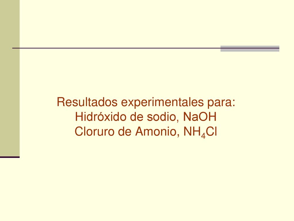 Resultados experimentales para: Hidróxido de sodio, NaOH Cloruro de Amonio, NH4Cl
