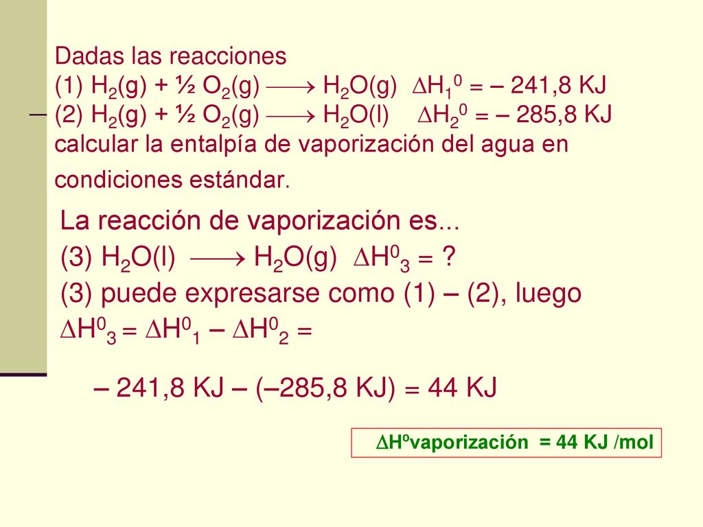 La reacción de vaporización es... (3) H2O(l)  H2O(g) H03 =