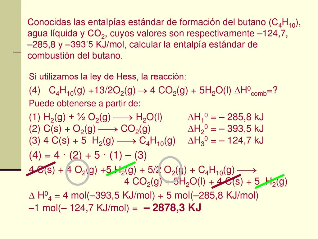Conocidas las entalpías estándar de formación del butano (C4H10), agua líquida y CO2, cuyos valores son respectivamente –124,7, –285,8 y –393’5 KJ/mol, calcular la entalpía estándar de combustión del butano.