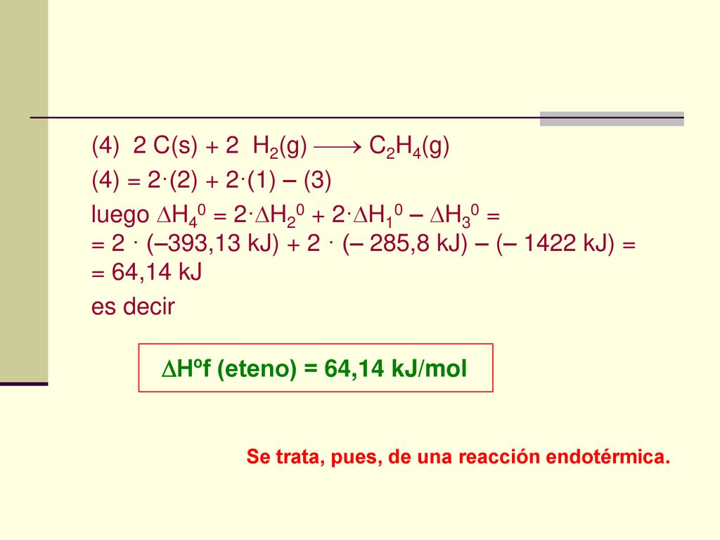 (4) 2 C(s) + 2 H2(g)  C2H4(g) (4) = 2·(2) + 2·(1) – (3)