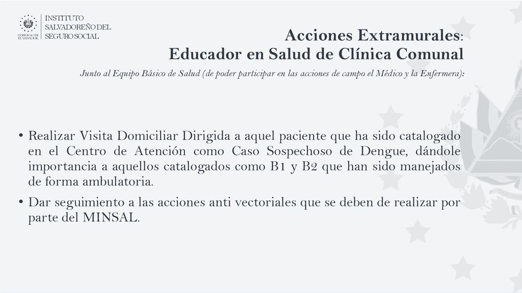 Acciones Extramurales: Educador en Salud de Clínica Comunal Junto al Equipo Básico de Salud (de poder participar en las acciones de campo el Médico y la Enfermera):