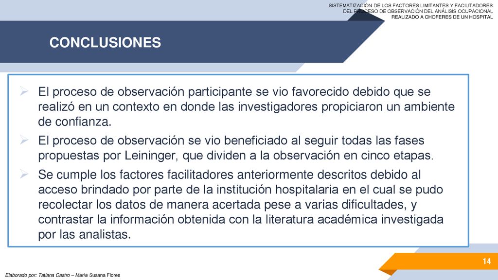 SISTEMATIZACIÓN DE LOS FACTORES LIMITANTES Y FACILITADORES DEL PROCESO DE OBSERVACIÓN DEL ANÁLISIS OCUPACIONAL REALIZADO A CHOFERES DE UN HOSPITAL