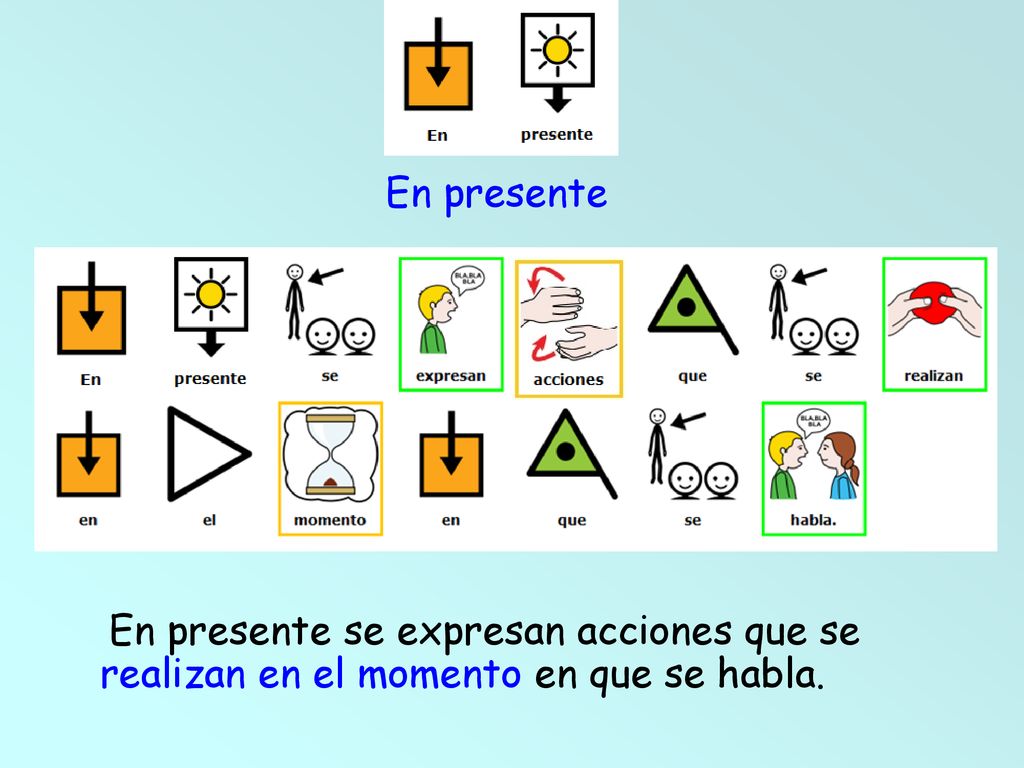 En presente En presente se expresan acciones que se realizan en el momento en que se habla.