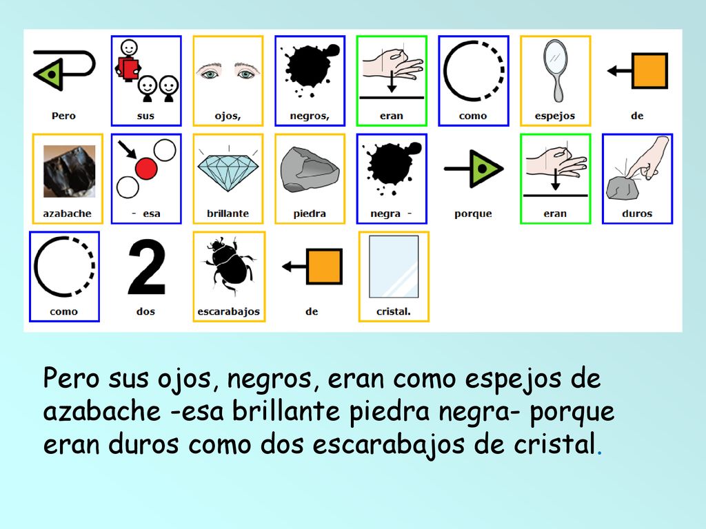 Pero sus ojos, negros, eran como espejos de azabache -esa brillante piedra negra- porque eran duros como dos escarabajos de cristal.