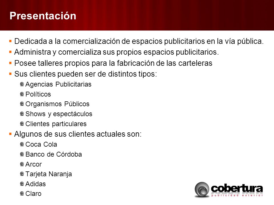 Presentación Dedicada a la comercialización de espacios publicitarios en la vía pública.