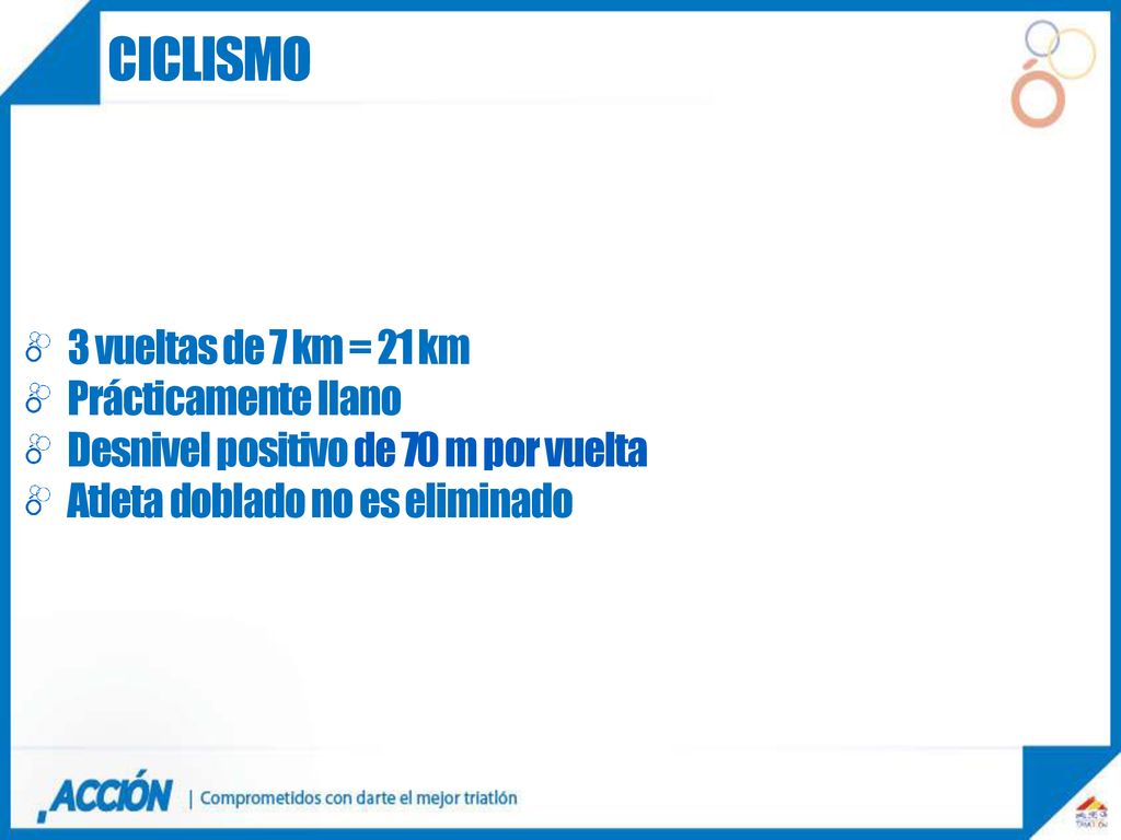 ciclismo 3 vueltas de 7 km = 21 km Prácticamente llano