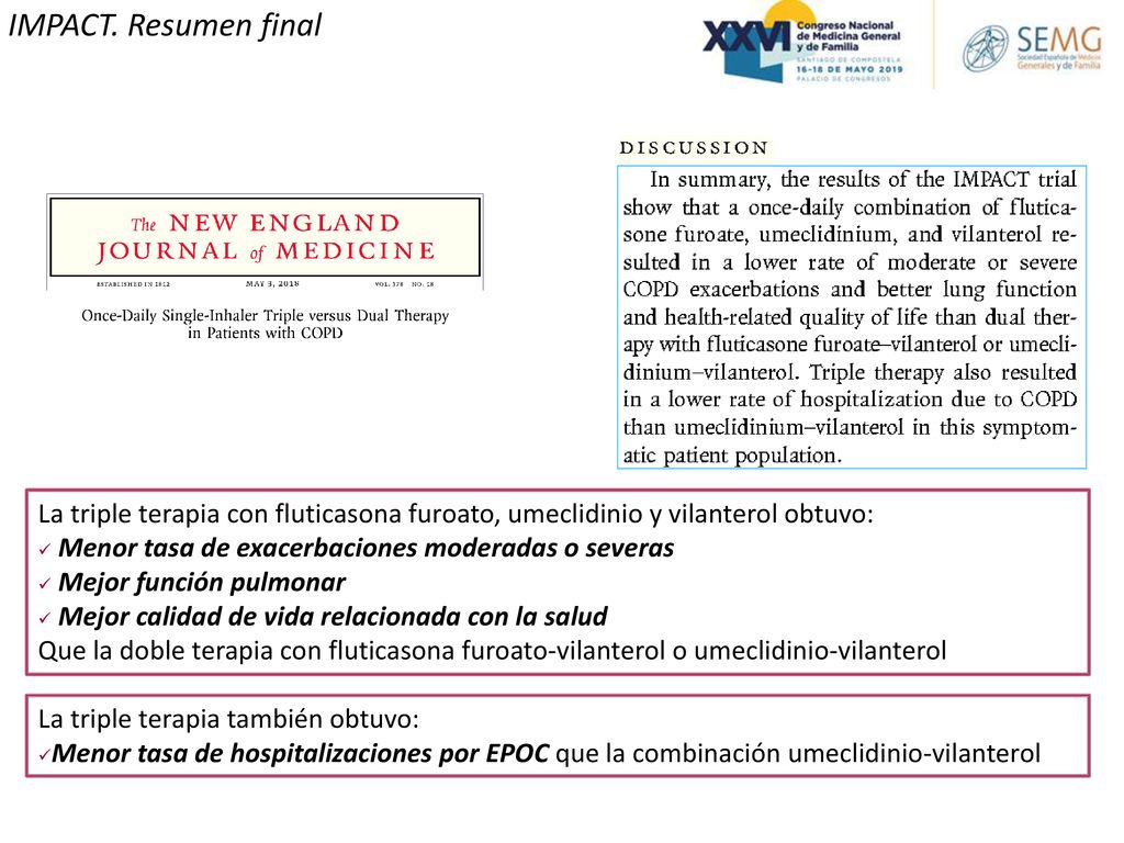 IMPACT. Resumen final La triple terapia con fluticasona furoato, umeclidinio y vilanterol obtuvo: Menor tasa de exacerbaciones moderadas o severas.