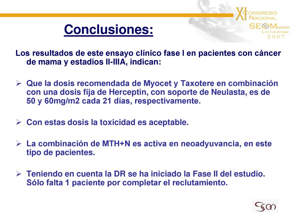 Conclusiones: Los resultados de este ensayo clínico fase I en pacientes con cáncer de mama y estadios II-IIIA, indican: