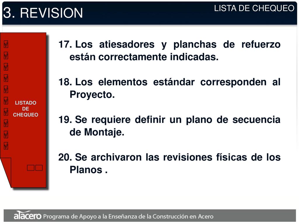 3. REVISION LISTA DE CHEQUEO. LISTADO DE CHEQUEO. Los atiesadores y planchas de refuerzo están correctamente indicadas.