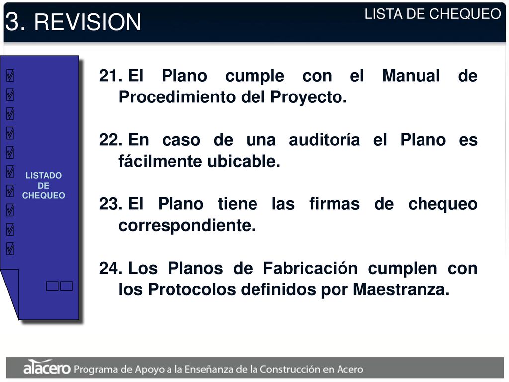 3. REVISION LISTA DE CHEQUEO. LISTADO DE CHEQUEO. El Plano cumple con el Manual de Procedimiento del Proyecto.