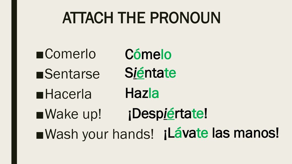 ATTACH THE PRONOUN Comerlo Cómelo Sentarse Hacerla Siéntate Wake up!