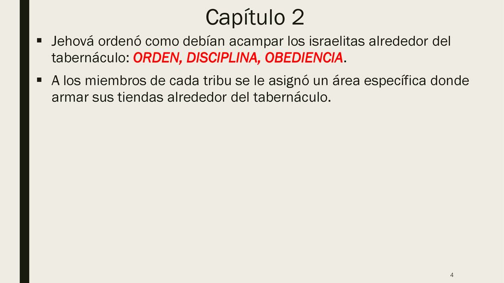 Capítulo 2 Jehová ordenó como debían acampar los israelitas alrededor del tabernáculo: ORDEN, DISCIPLINA, OBEDIENCIA.
