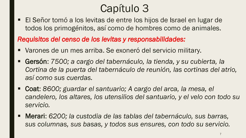 Capítulo 3 El Señor tomó a los levitas de entre los hijos de Israel en lugar de todos los primogénitos, así como de hombres como de animales.