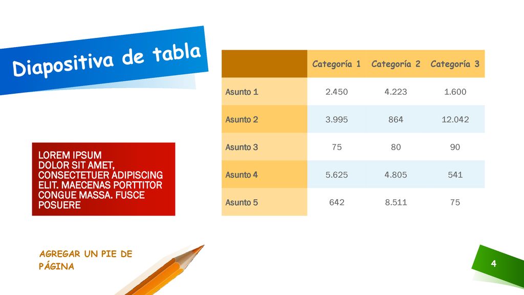 Diapositiva de tabla Categoría 1. Categoría 2. Categoría 3. Asunto Asunto 2.