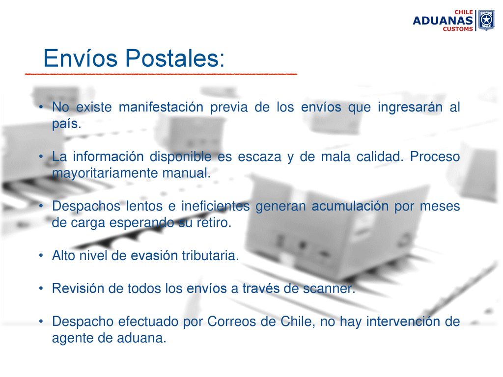 Envíos Postales: No existe manifestación previa de los envíos que ingresarán al país.