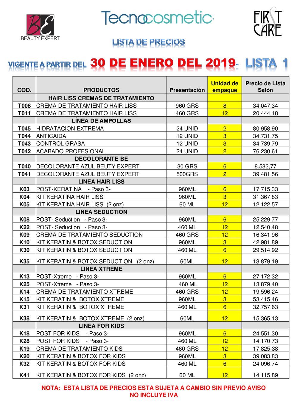 Lista de Precios Vigente a partir del 30 de enero del LISTA 1