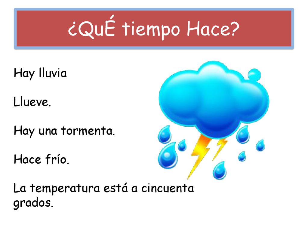 ¿QuÉ tiempo Hace Hay lluvia Llueve. Hay una tormenta. Hace frío.