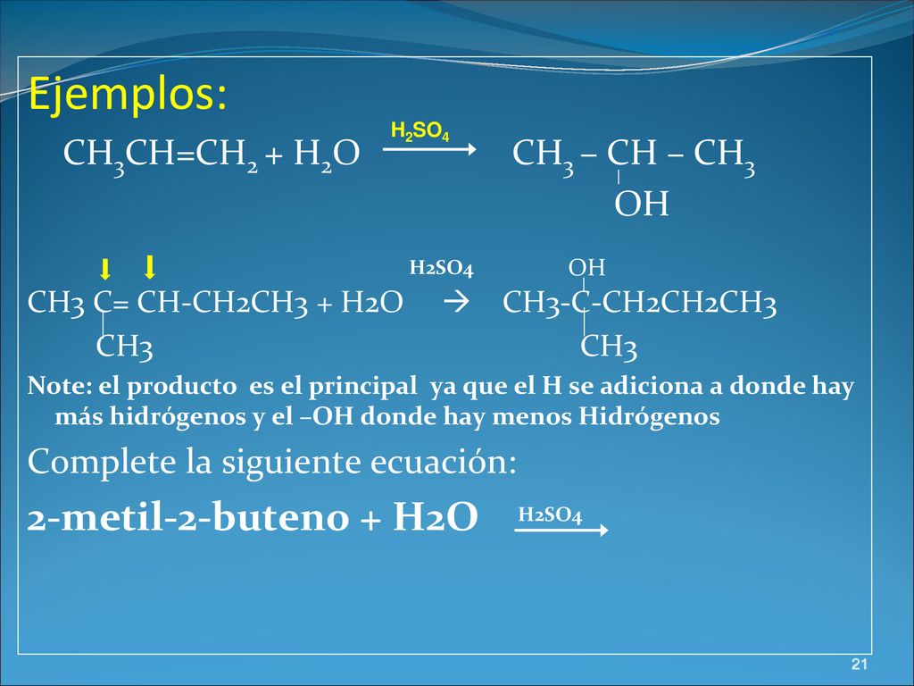 Ejemplos: 2-metil-2-buteno + H2O H2SO4 CH3CH=CH2 + H2O CH3 – CH – CH3