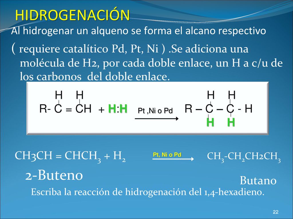 HIDROGENACIÓN Al hidrogenar un alqueno se forma el alcano respectivo.