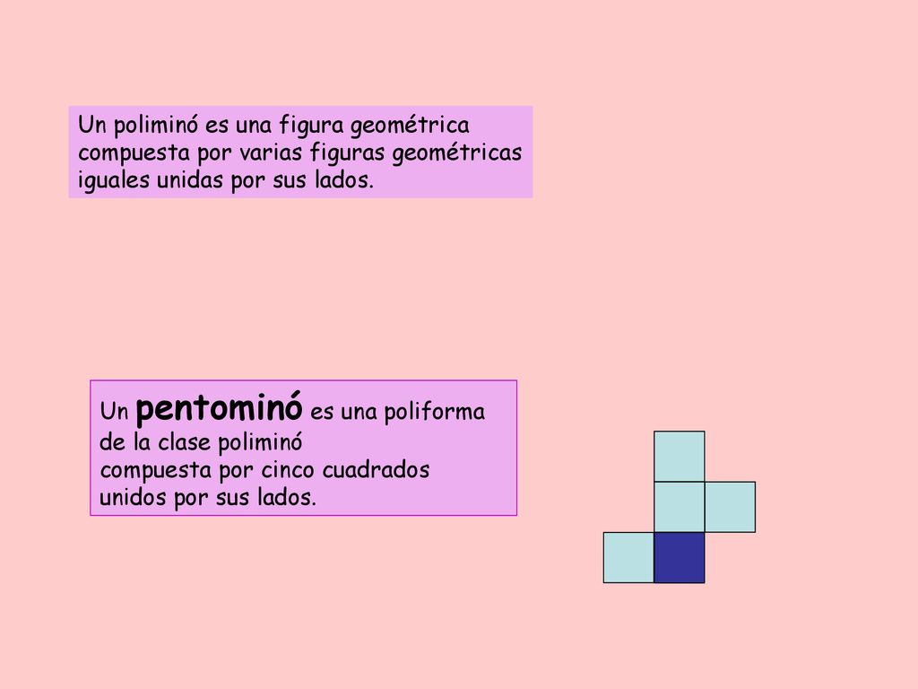 Un poliminó es una figura geométrica compuesta por varias figuras geométricas iguales unidas por sus lados.