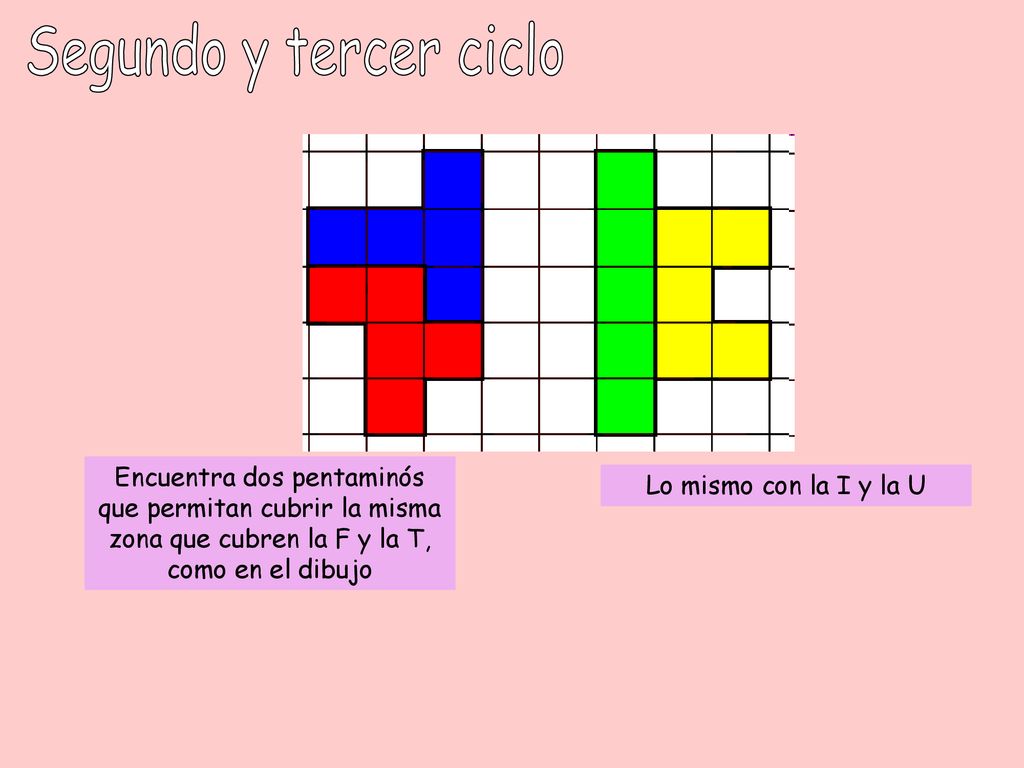 Segundo y tercer ciclo Encuentra dos pentaminós que permitan cubrir la misma zona que cubren la F y la T, como en el dibujo.