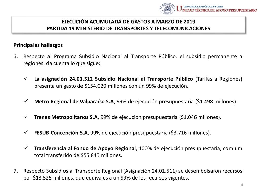 EJECUCIÓN ACUMULADA DE GASTOS A MARZO DE 2019 PARTIDA 19 MINISTERIO DE TRANSPORTES Y TELECOMUNICACIONES