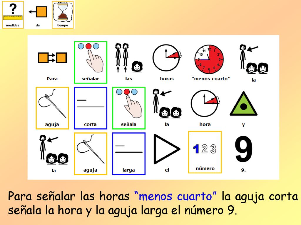 Para señalar las horas menos cuarto la aguja corta señala la hora y la aguja larga el número 9.