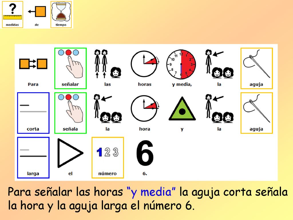 Para señalar las horas y media la aguja corta señala la hora y la aguja larga el número 6.