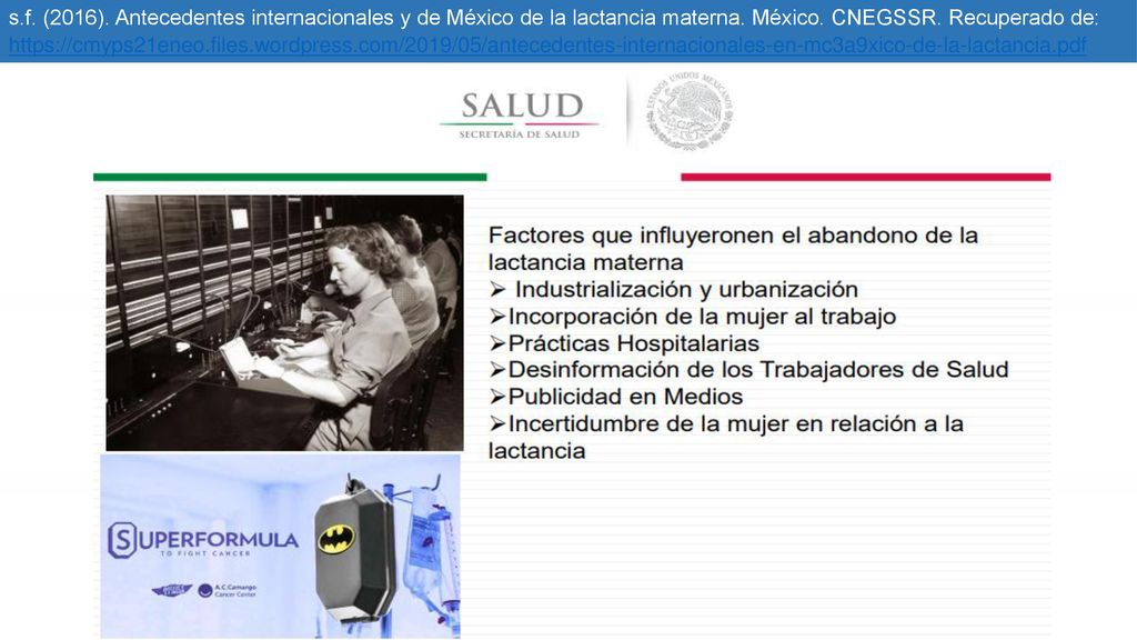 s.f. (2016). Antecedentes internacionales y de México de la lactancia materna.