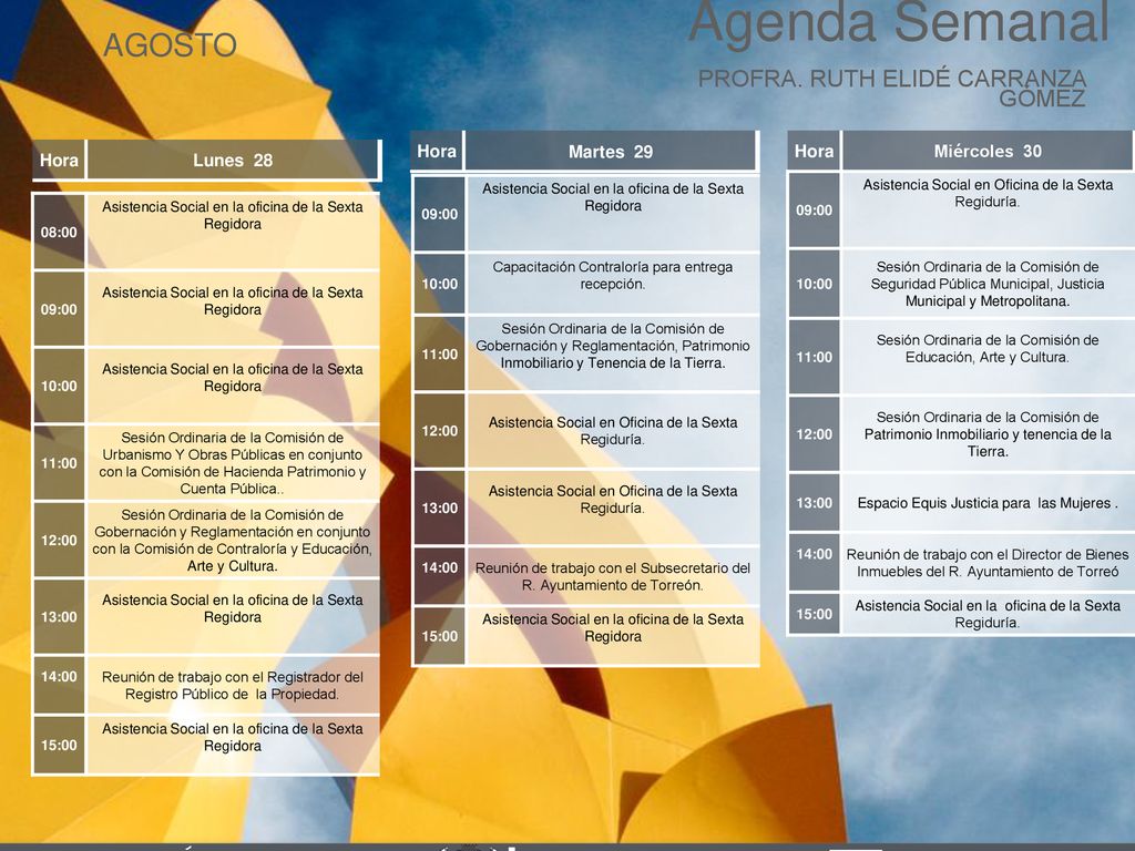 Agenda Semanal AGOSTO Cabildo Torreón PROFRA. RUTH ELIDÉ CARRANZA