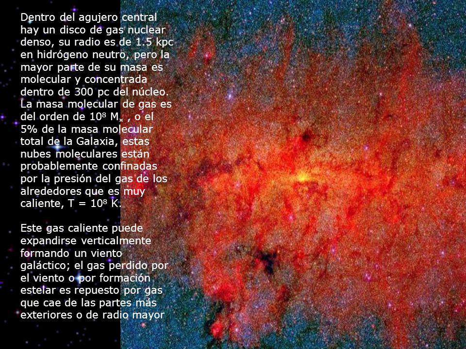 Dentro del agujero central hay un disco de gas nuclear denso, su radio es de 1.5 kpc en hidrógeno neutro, pero la mayor parte de su masa es molecular y concentrada dentro de 300 pc del núcleo. La masa molecular de gas es del orden de 108 M¤ , o el 5% de la masa molecular total de la Galaxia, estas nubes moleculares están probablemente confinadas por la presión del gas de los alrededores que es muy caliente, T = 108 K.