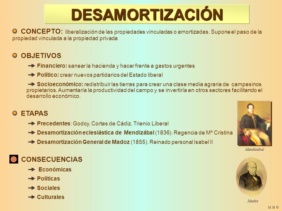 DESAMORTIZACIÓN CONCEPTO: liberalización de las propiedades vinculadas o amortizadas. Supone el paso de la propiedad vinculada a la propiedad privada.