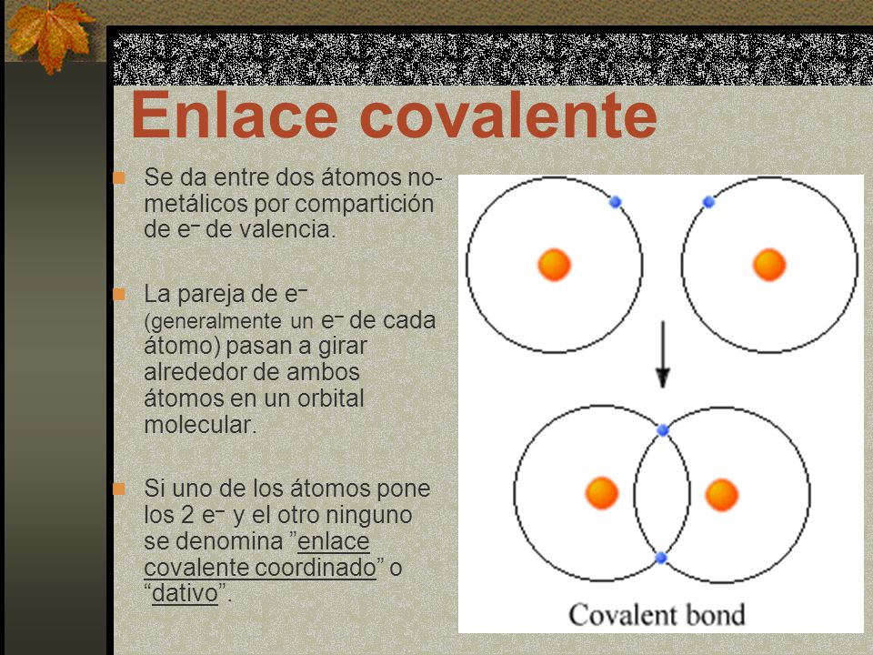 Enlace covalente Se da entre dos átomos no-metálicos por compartición de e– de valencia.