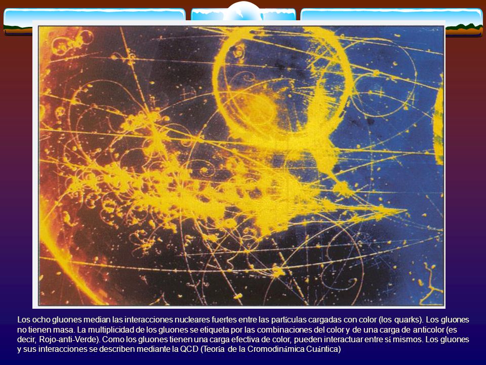 Los ocho gluones median las interacciones nucleares fuertes entre las partículas cargadas con color (los quarks).