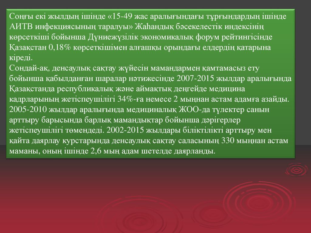 Соңғы екі жылдың ішінде «15-49 жас аралығындағы тұрғындардың ішінде АИТВ инфекциясының таралуы» Жаһандық бәсекелестік индексінің көрсеткіші бойынша Дүниежүзілік экономикалық форум рейтингісінде Қазақстан 0,18% көрсеткішімен алғашқы орындағы елдердің қатарына кіреді.